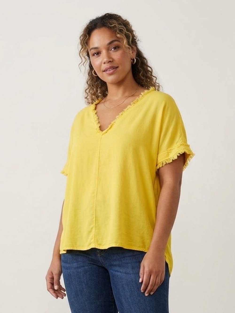 S’edge Bright Yellow V-Neck Fringe-Trim Tunic Top